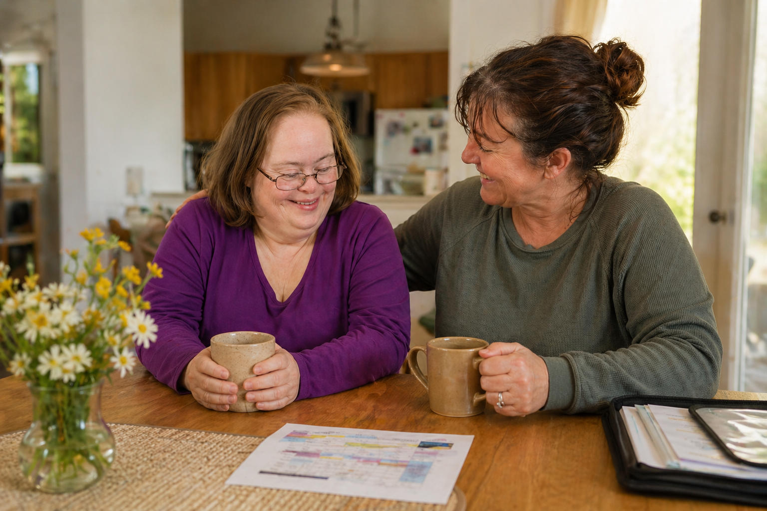 Adult customer with a trusted family caregiver reviewing support routines for the Empowered Choice Program