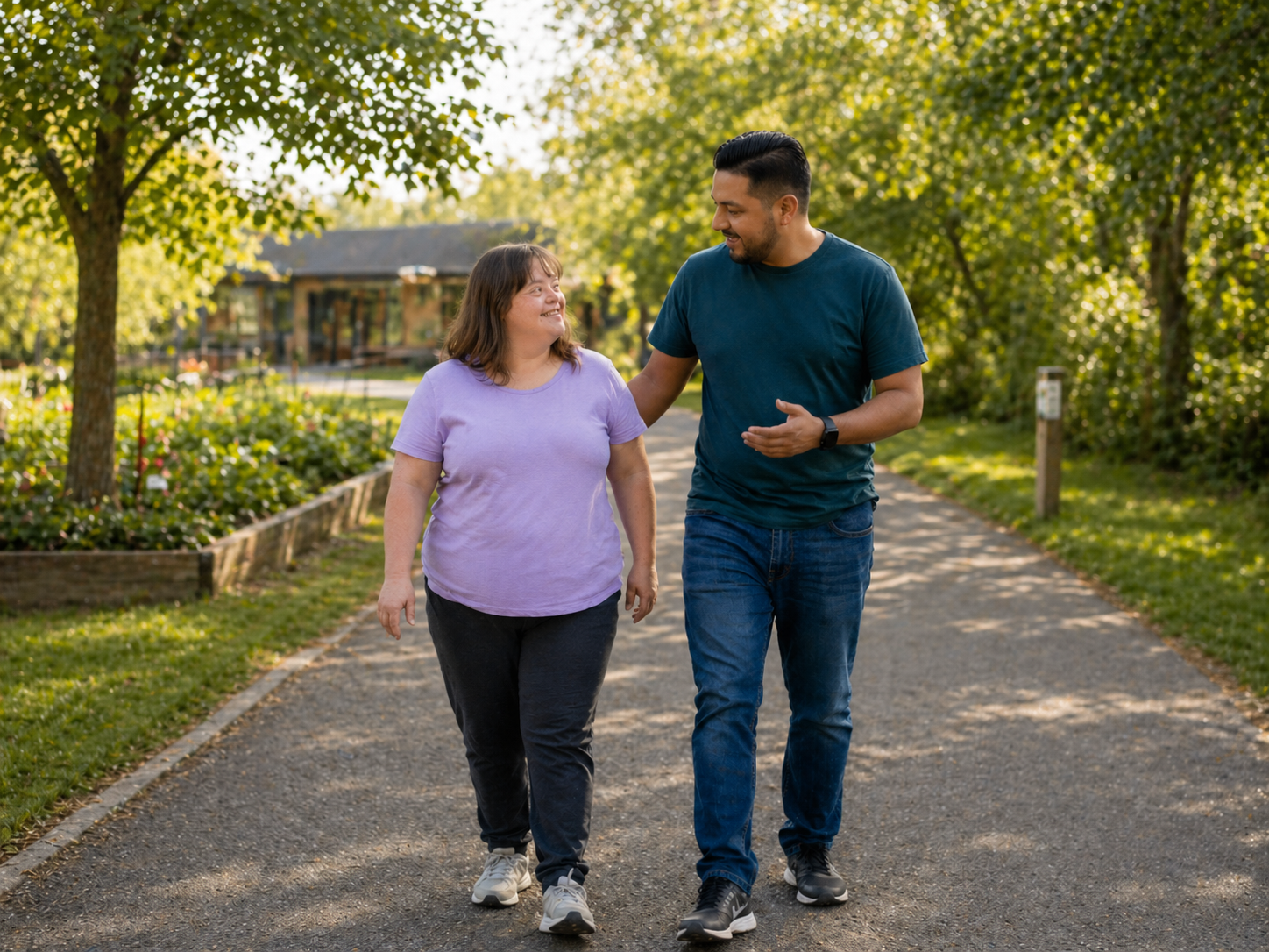 A DSP and customer staying active together — dignity-first daily movement