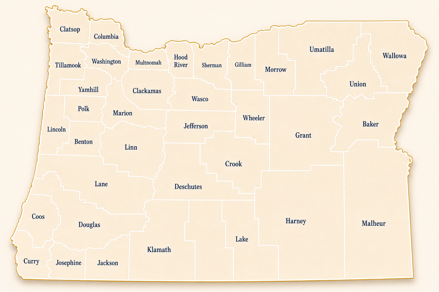 Oregon county support map showing the 11 counties Empowered Services covers