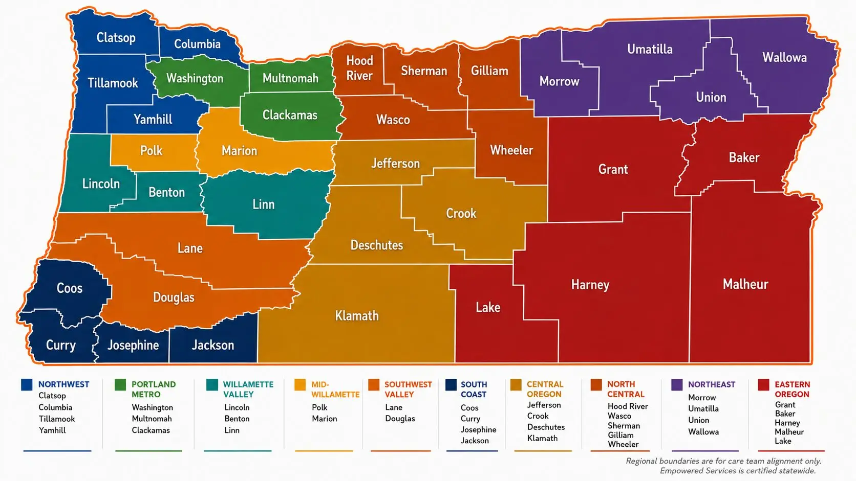 Oregon counties grouped into Empowered Services regional care teams