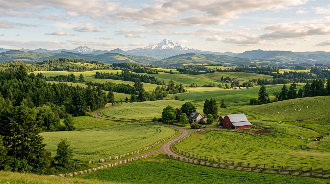 Rolling green farmland, fence lines and a red barn below a snow-capped Cascade peak in the Willamette Valley