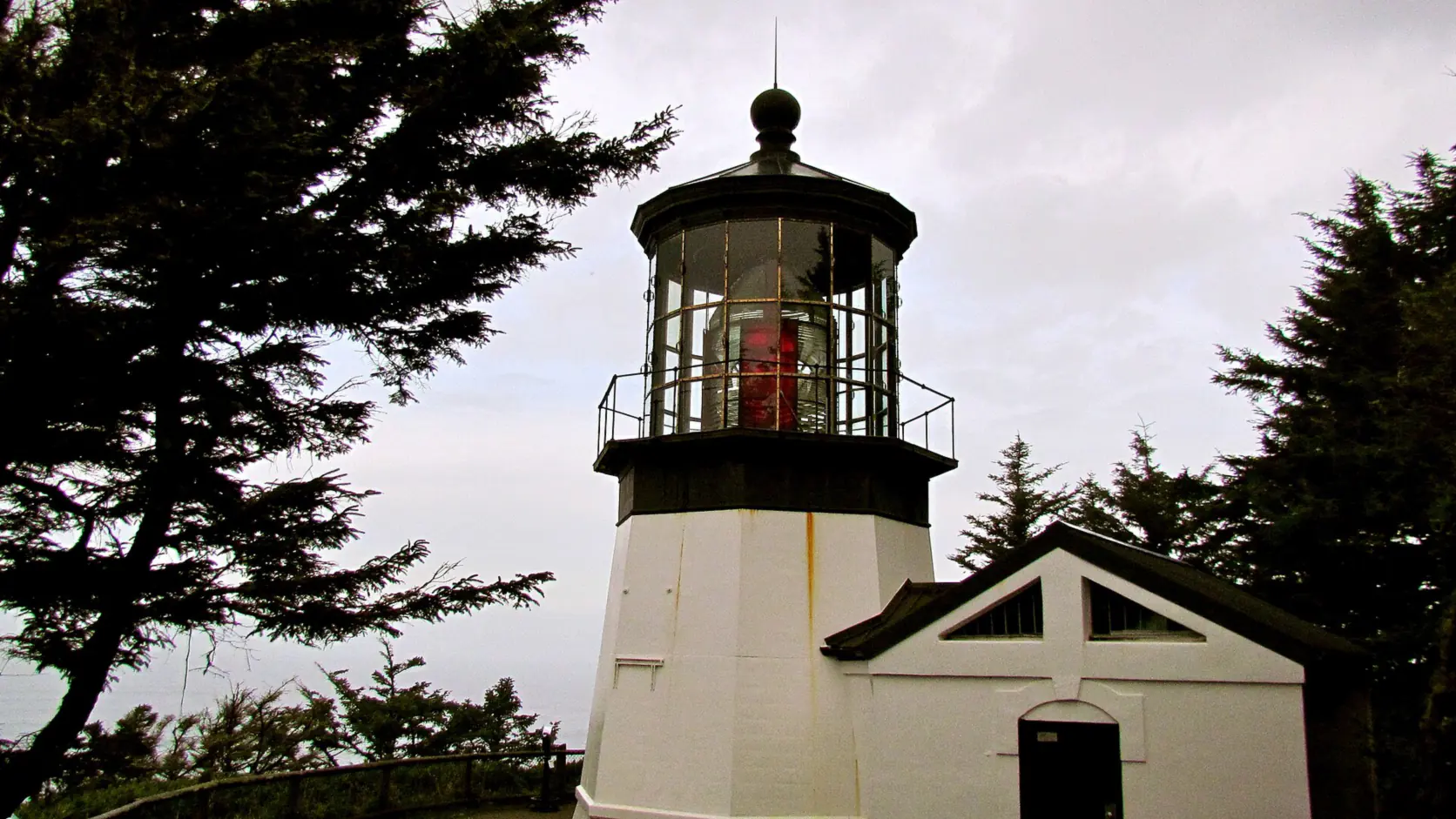 The historic Cape Meares Lighthouse among coastal evergreens on the Tillamook County shore
