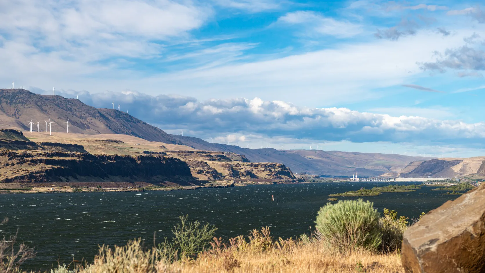The Columbia River below basalt bluffs with wind turbines along the ridge, Sherman County, Oregon
