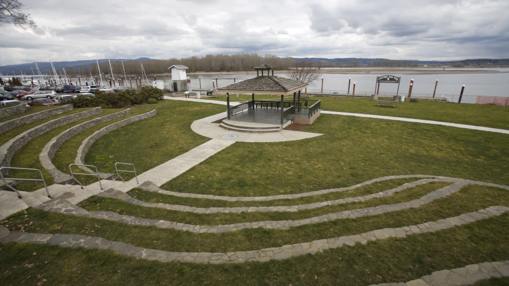 Columbia View Park in St. Helens, Columbia County, with its riverside amphitheatre and gazebo overlooking the Columbia River