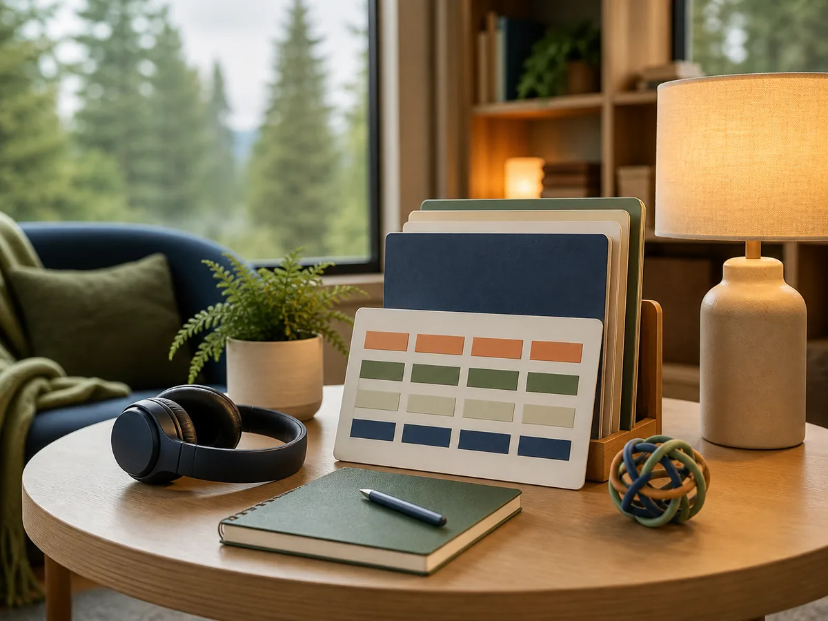 Calm resource table with sensory supports and Oregon evergreens outside