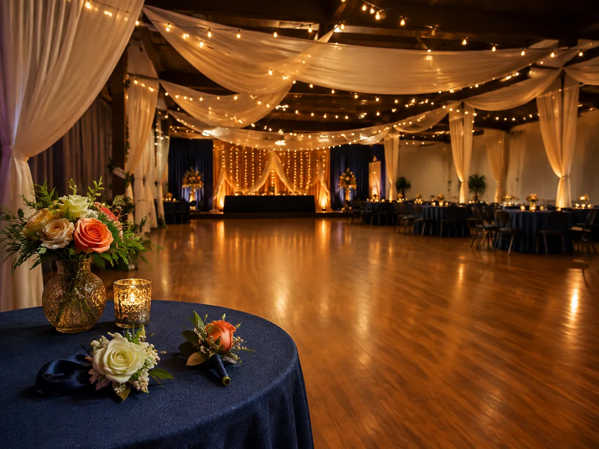Warmly lit community hall prepared for an inclusive prom celebration