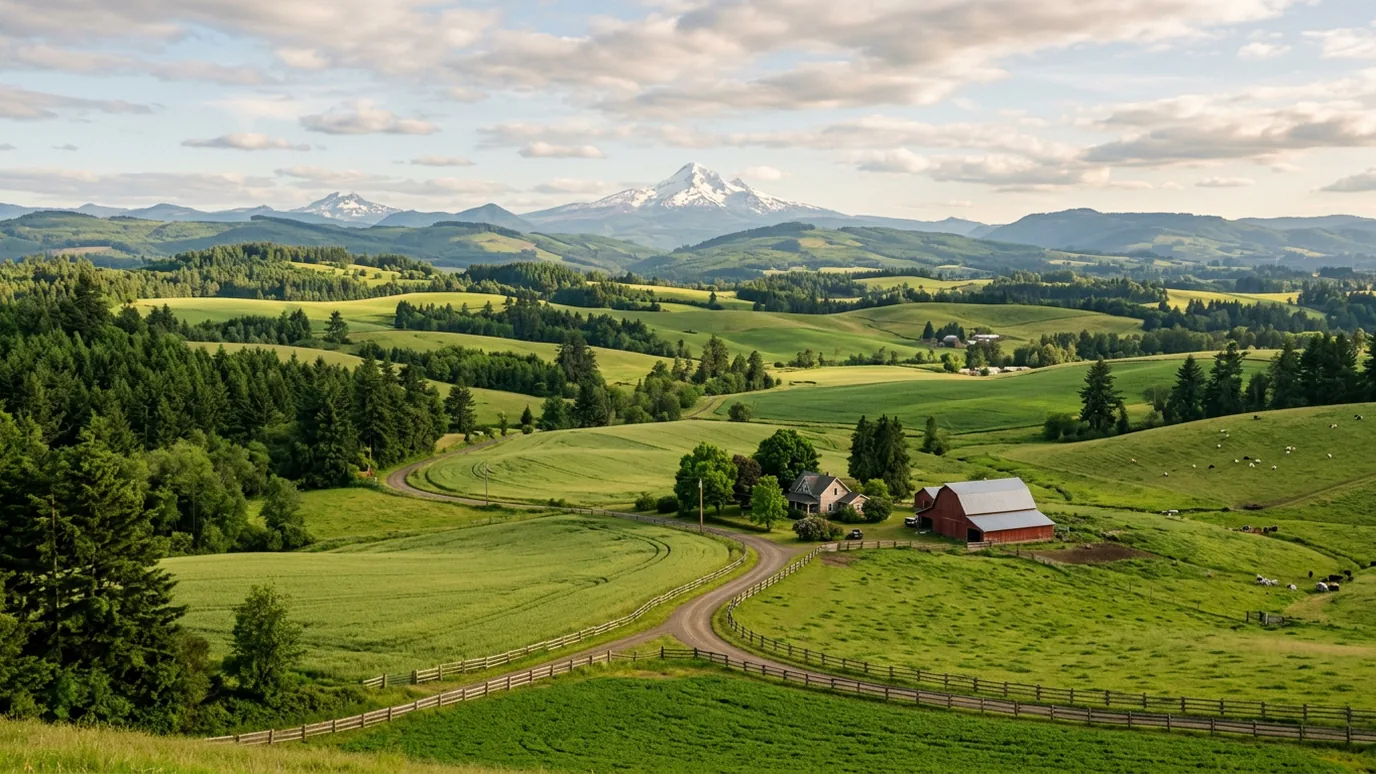 Rolling green farmland, fence lines and a red barn below a snow-capped Cascade peak in the Willamette Valley
