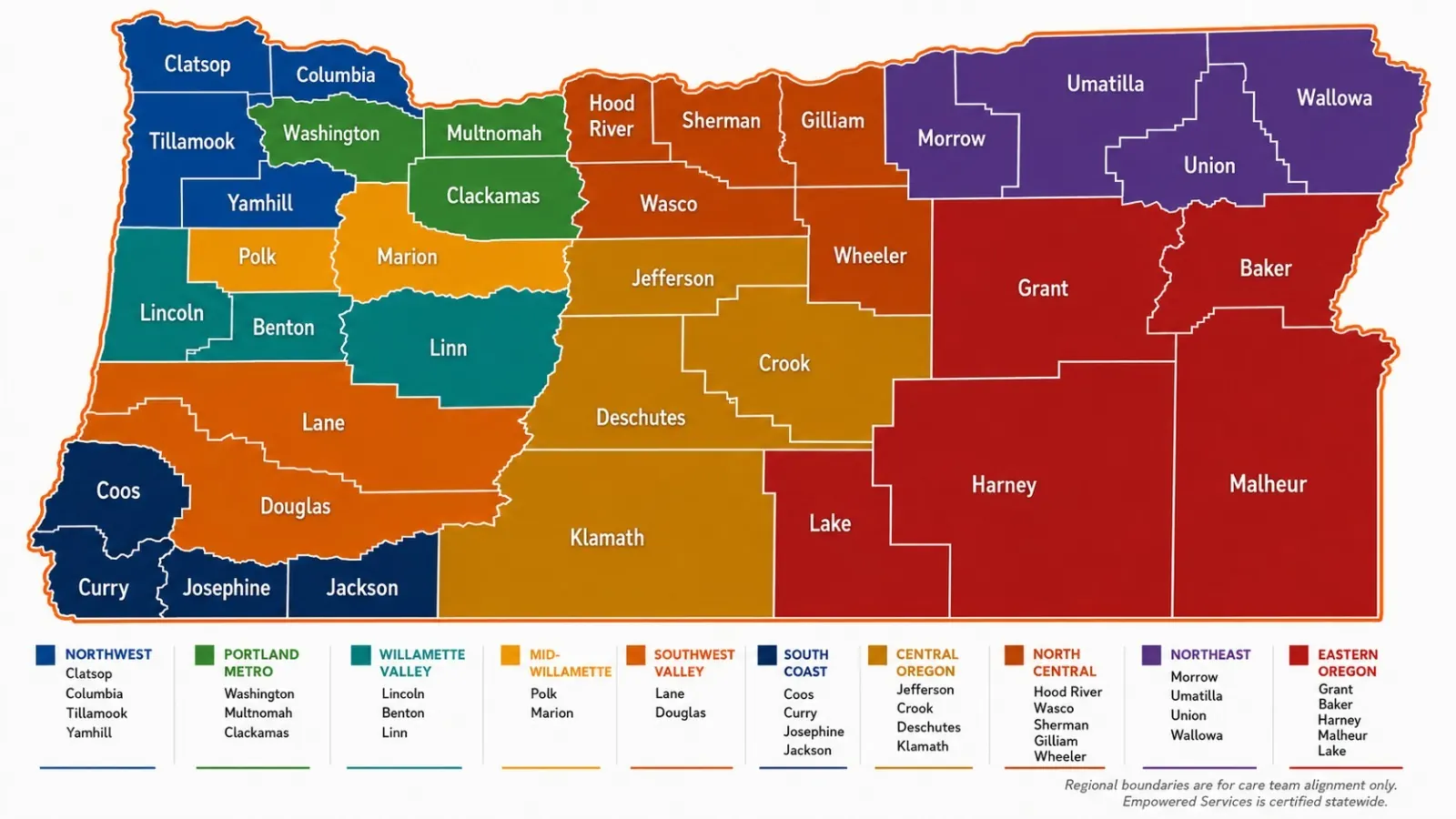 Oregon county map grouping all 36 counties into Empowered Services regions