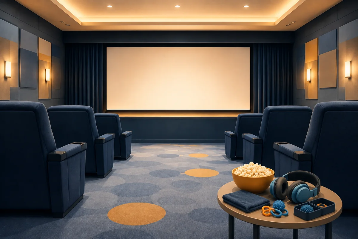 People-free illustration of a calm sensory-friendly cinema with an open aisle, headphones and sensory tools