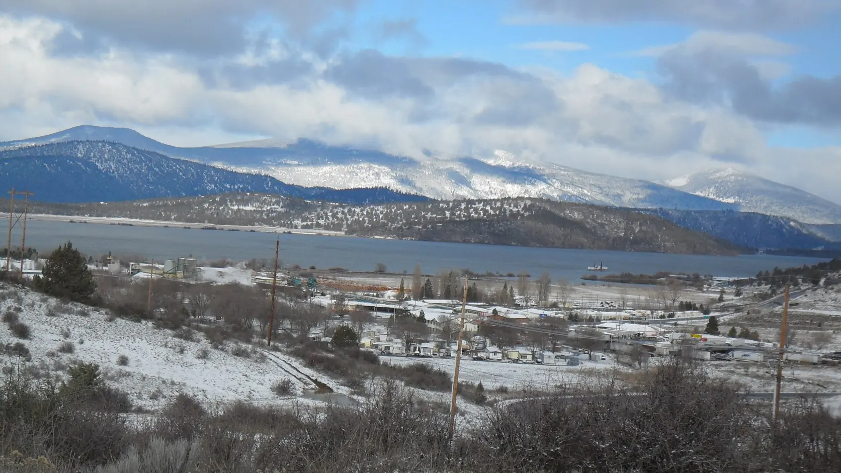 Upper Klamath Lake below snow-dusted hills near Klamath Falls, Klamath County