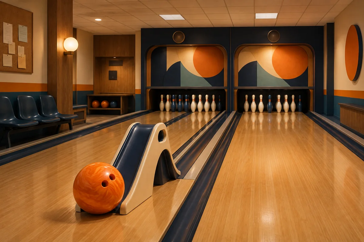 People-free illustration of a welcoming bowling center with an adaptive bowling ramp and orange ball
